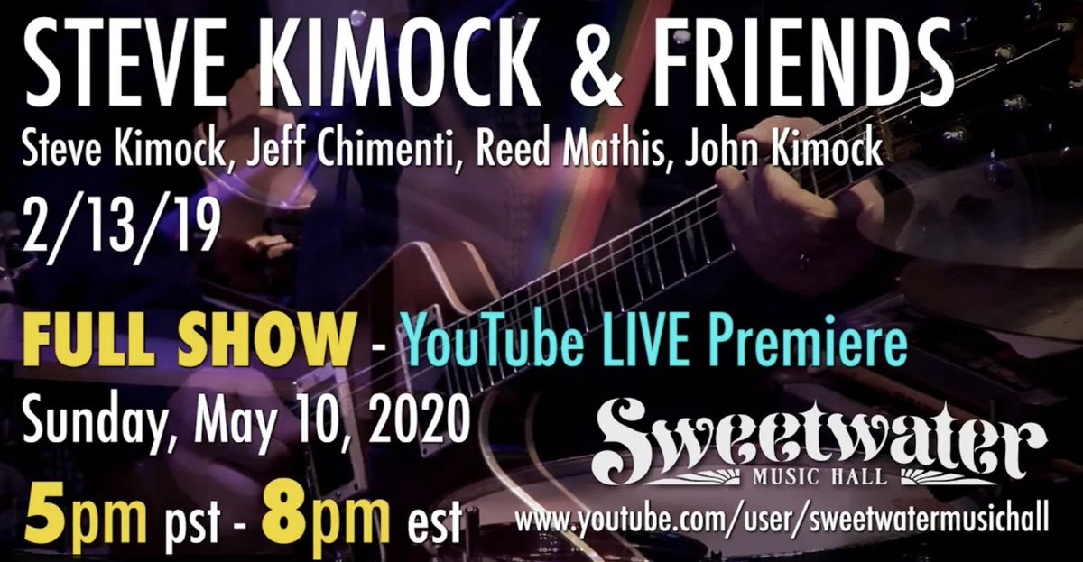KimockMusic's tweet photo. TUNE IN TONIGHT for the live premiere of SKF at @SweetwaterMV from 2/13/19 at 5PM PST // 8PM EST.

https://t.co/AaQNE4KlXC

Feat: SK #jeffchimenti #reedmathis &amp; @JohnKimock https://t.co/3aDcUr6mpn