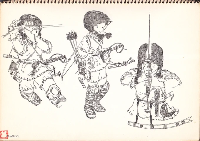 「未来少年コナン」初放映最中の1978年9月にスケブに描いたラナをモチーフとした少女戦士。すでにこの頃にラナからナウシカを連想させるイメージがどこかにあったのかもしれない。#未来少年コナン 