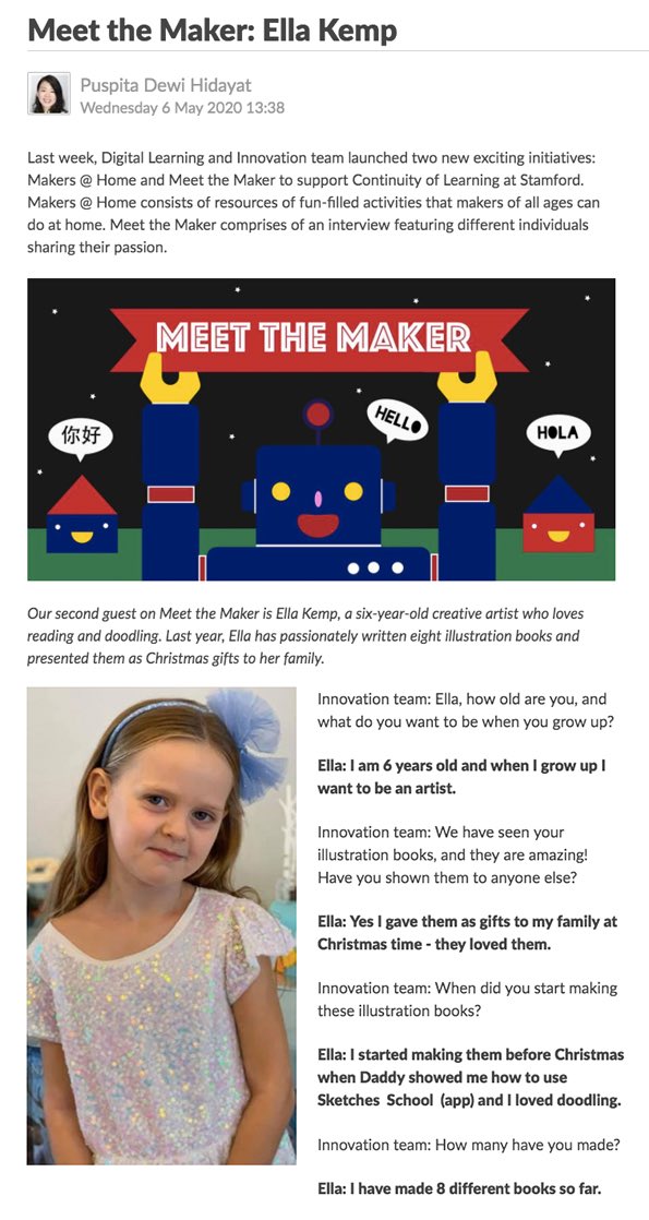bypyuschan's tweet photo. Our second guest on Meet the Maker, Ella Kemp who had creatively written 8 illustration books when she was five. Amazing young artist we have at #saisrocks #cognitaway #cognitaschool #saisdraws https://t.co/0C09SsqYPe