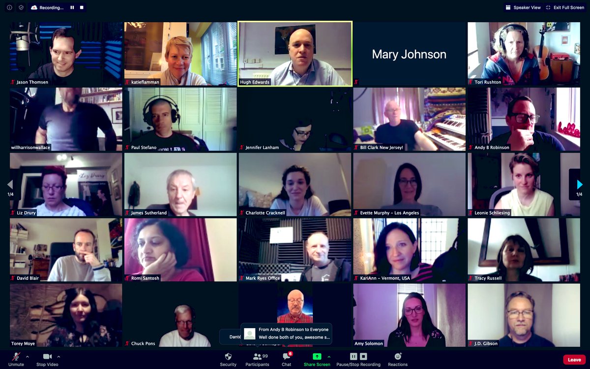 KatieFlamman's tweet photo. So much fun in the #OVC20 #character #workout this afternoon - what a privilege to be one of the readers! Thank you ☺️ Who knew a virtual #voiceover #Conference could be just as good as the in-person version?! https://t.co/yVqVQ9U7Rp