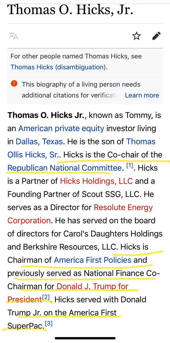Tommy Hicks is also the Co-chair of the Republican National Committee.