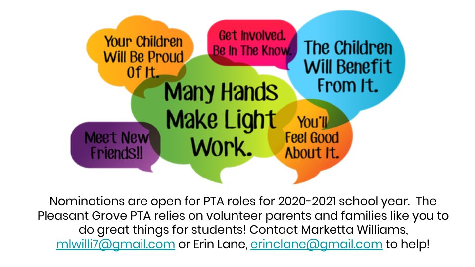 Pleasant Grove Families - we need your help with the Parent Teacher Association for next year. Seeking volunteers and creative ideas to help our kids SOAR in 20-21! <a href="/PGES_PTA/">Pleasant Grove PTA</a>