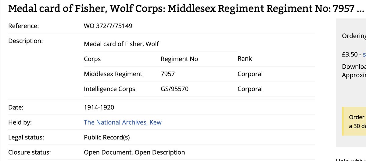 Through the  @UkNatArchives I found a Wolf Fisher who enlisted in the  @BritishArmy in 1914 to the Middlesex Reg and then into the  #Intelligence Corps