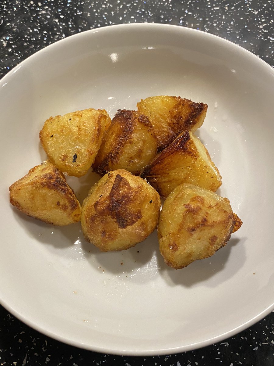 The roast potatoes need to be Maris pipers IMO boil them to the point of breaking, but the secret is to drain then leave for at least 20 minutes
