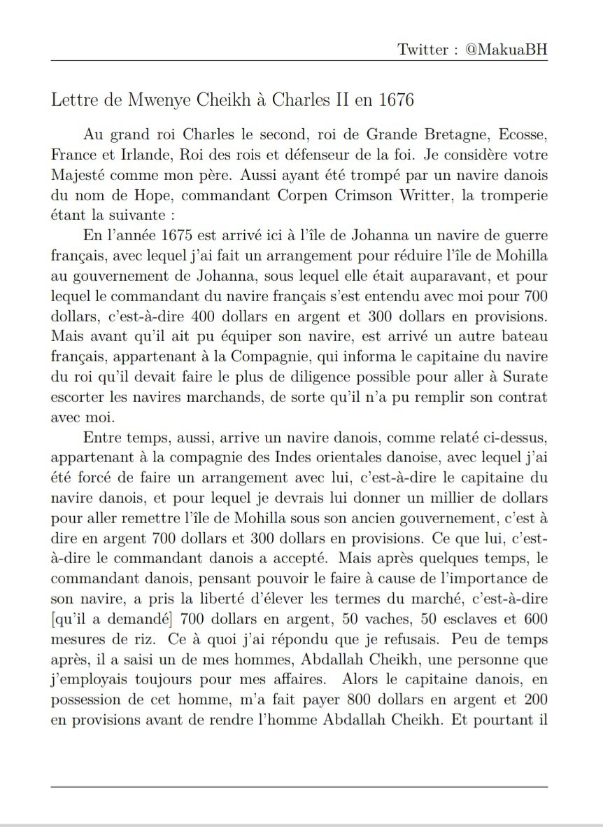Pour bien comprendre exactement la situation présentée ci-haut, j& #39;ai pris le temps d& #39;écrire la lettre de Mwenye Cheikh envoyé à Charles II et ainsi réduire la taille du thread.La voici :