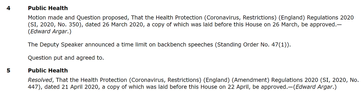 If regulations are "made affirmative" this means they can come into effect immediately without Parliamentary approval and only lapse if MPs/Peers reject them or don't not approve them within 28 days.First two sets of regulations were (retrospectively) approved last week. (7)