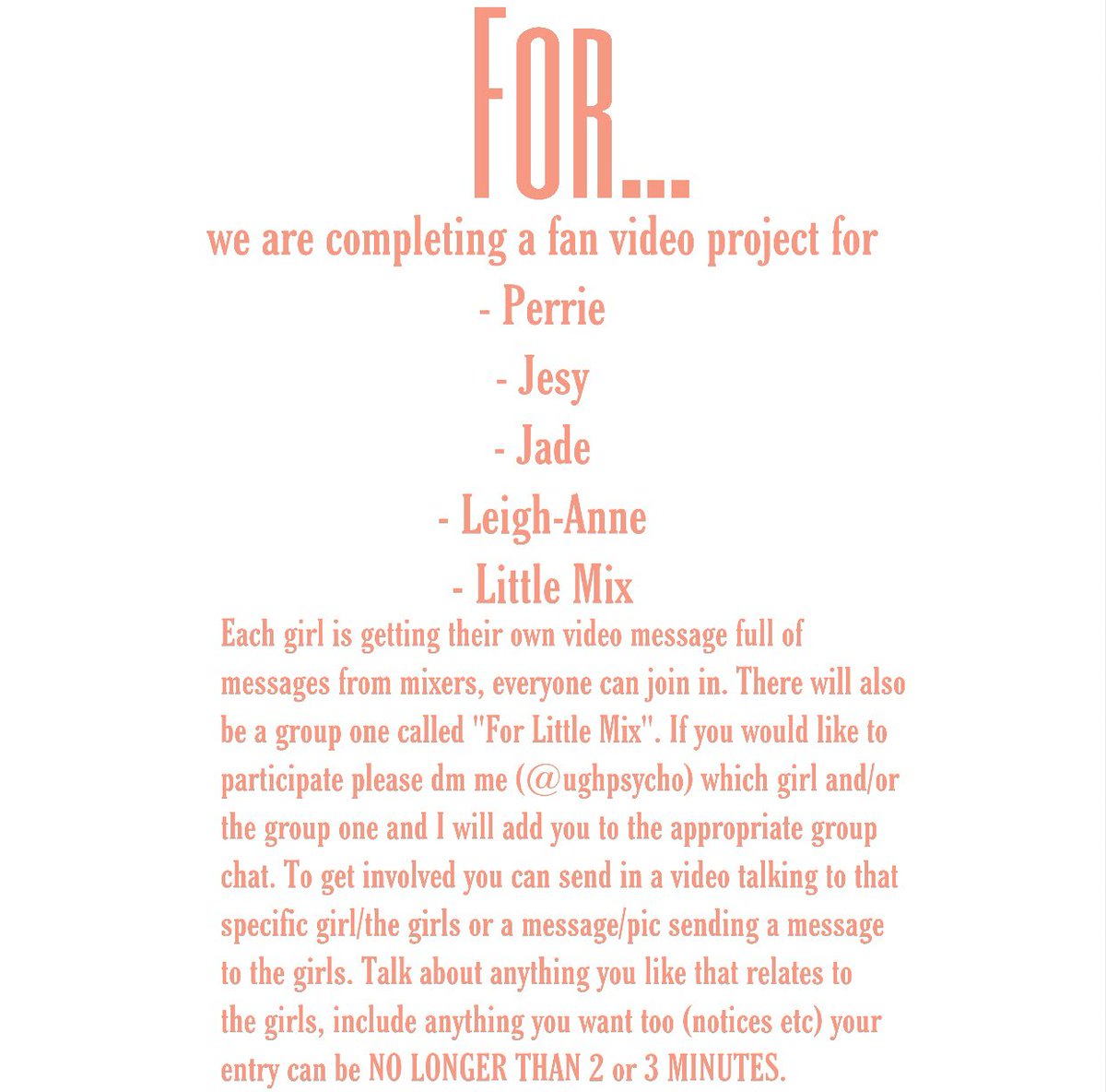 ughpsycho's tweet photo. Little Mix Video Fan Project🌻 1/2

If you wish to participate then please dm me the girls name or group💕 ie “jade and group” or “jesy” etc🤍

this project is to show the girls some love; you don’t have to send in a video.

please rt/share w your moots/gcs💕 https://t.co/cua1y7qPhs