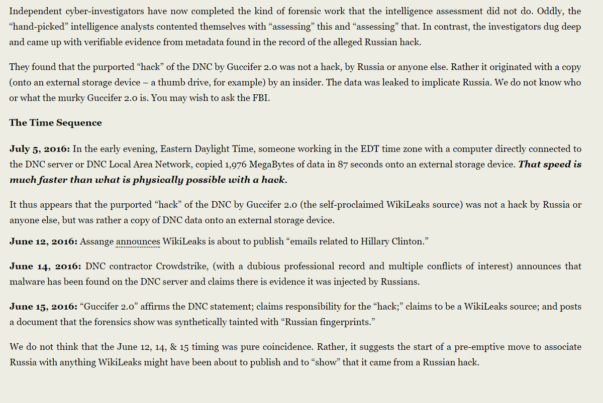 5) Timeline of events regarding the DNC emails.  https://consortiumnews.com/2017/07/24/intel-vets-challenge-russia-hack-evidence/