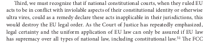 14. The problem has to do with the German Court's claim that it can rule any EU act (including an ECJ decision) that it deems to be outside the EU's competence (ultra vires) to be inapplicable in Germany. If national constitutional courts could do this, it would destroy the EU.