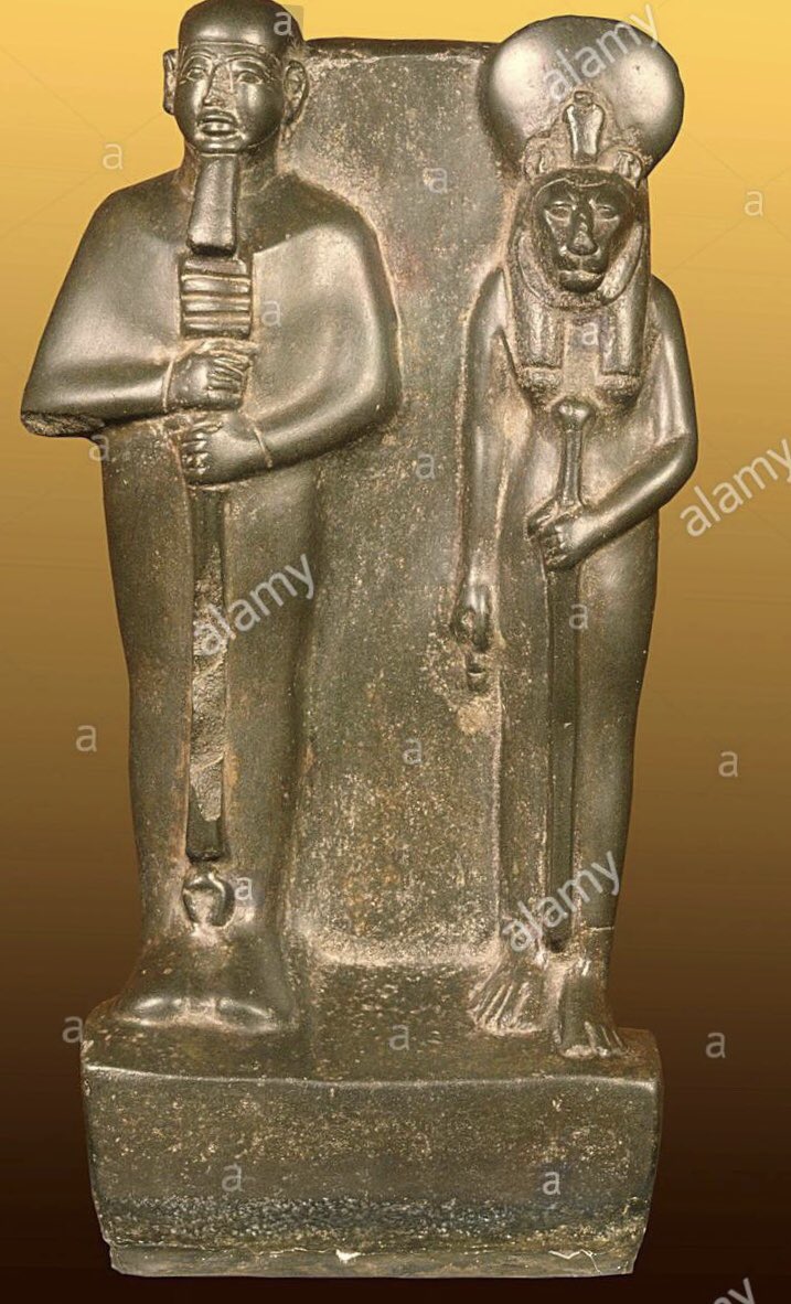 Pic: Ptah & his wife Sekhmet. Ptah is said to have ORDAINED life to all the Neteru and their KAs by his HEART & TONGUE(compare with Jeremiah 1:5 when Jehovah tells Jeremiah “Before I formed thee in the belly I knew(HEART) thee” & continues speaking about how he ORDAINED him...
