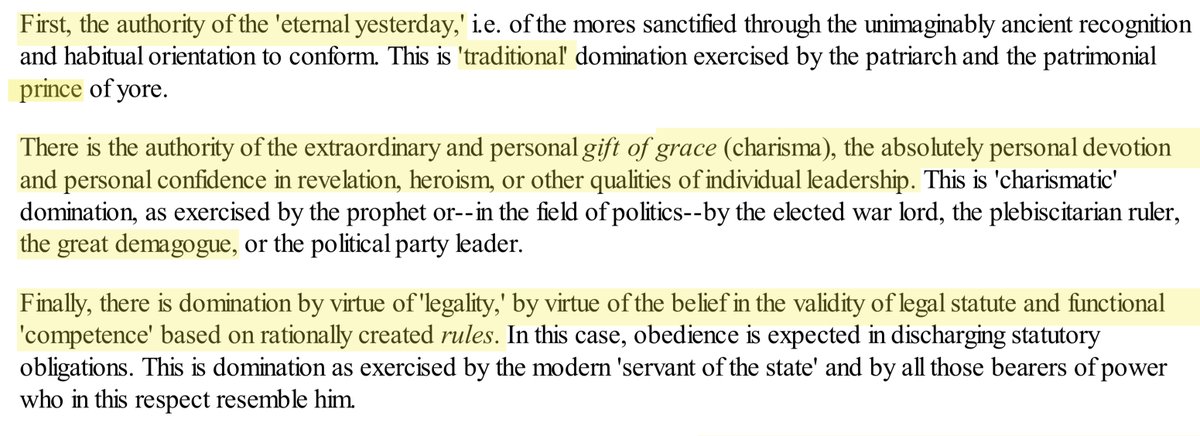 2/ Recall that Trump and Obama draw their authority from different sources.Obama is what Max Weber calls a rule of law leader. (Paraphrasing from Weber's Politics as Vocation) https://archive.org/details/weber_max_1864_1920_politics_as_a_vocation/page/n3/mode/2upA rule of law leader relies on truth.