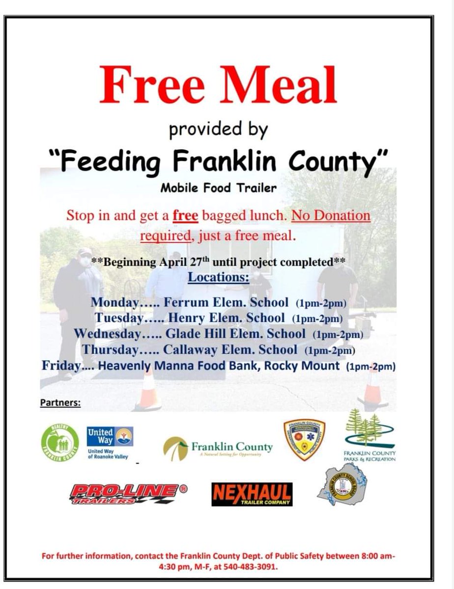FCfireEMS's tweet photo. Please visit Ferrum Elementary between 1 and 2 tomorrow for a FREE lunch. https://t.co/SFvt0HI6f7