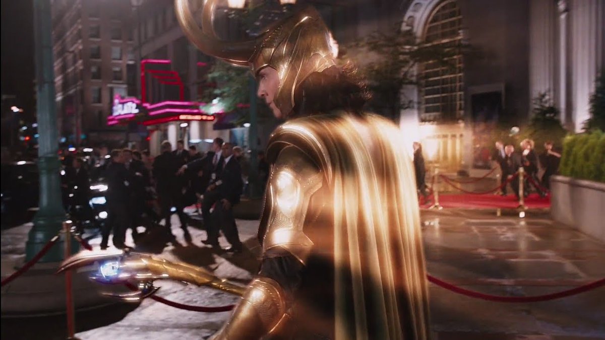 Anywhoozle, outside, Loki shoots a couple of police cars, people flee, havoc is wrought. Then Loki + clones herd a group together for that iconic: "KNEEL! Is not this simpler? Is this not your natural state? It’s the unspoken truth of humanity that you crave subjugation" etc 5/22
