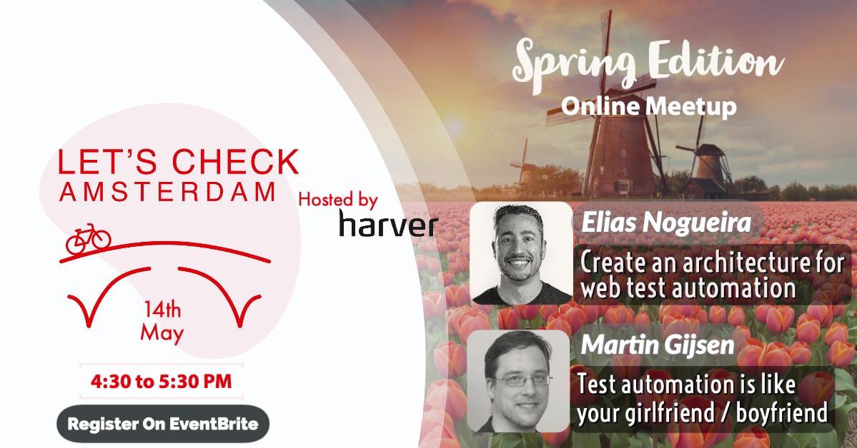 eliasnogueira's tweet photo. On May 14th I’ll give a presentation about how to Create an architecture for web test automation using @java at Lets Check Amsterdam in this free online event
https://t.co/Fh1HsRvnre
#letsCheck #java #testautomation https://t.co/MoIvrj0PRF