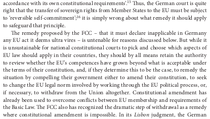 19. Instead, they can a)tell their gov it must work through EU political process to change the offending law, b) amend their constitution, or c) tell gov it must leave EU if things don't change. If you think leaving is impossible, ask the UK. (It is a stupid idea, but possible)