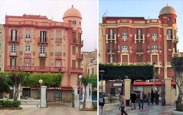 Por la misma época "se la saca" diseñando la Casa Roja. En las fotos se ve el edificio antes y después de la restauración propuesta por el COACAM. Las fotos son de ellos.