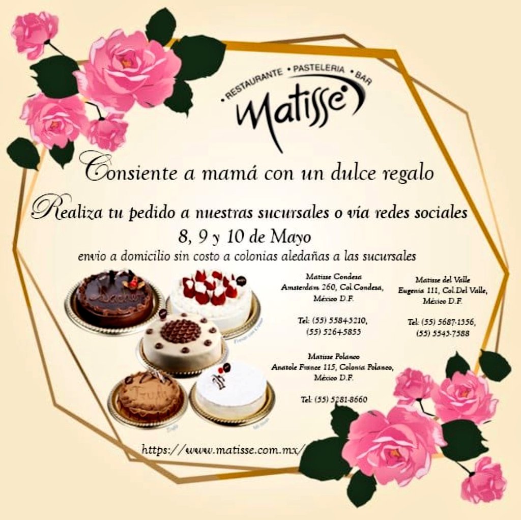 CondesRomaUnido's tweet photo. PASTELERÍA DE MATISSE, @matissemx gran variedad de exquisitos pasteles, hay 0%azúcar no te límites  pedidos 5555843210, envío domicilio https://t.co/3uNs9OuTtH @LaColoniaJuarez @LaRomaMex @DelvalleRoma @ColoniasCondesa @Condesa_CdMX @CondesaVecinos @HipodromoRoma @moonadamic https://t.co/BjPzoW6mCH