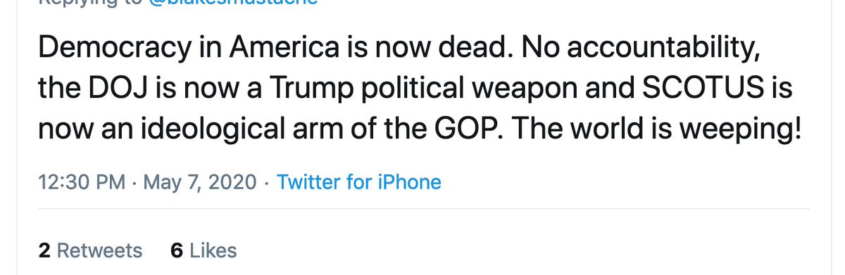 14/ Second, it causes panic meltdown in the opposition. After the Flynn thing, my mentions were flooded with this kind of thing:Consider how a Tweet like this one creates a self-fulfilling cycle.Trump supporters see it and think: “Wow! Trump really IS all powerful!"