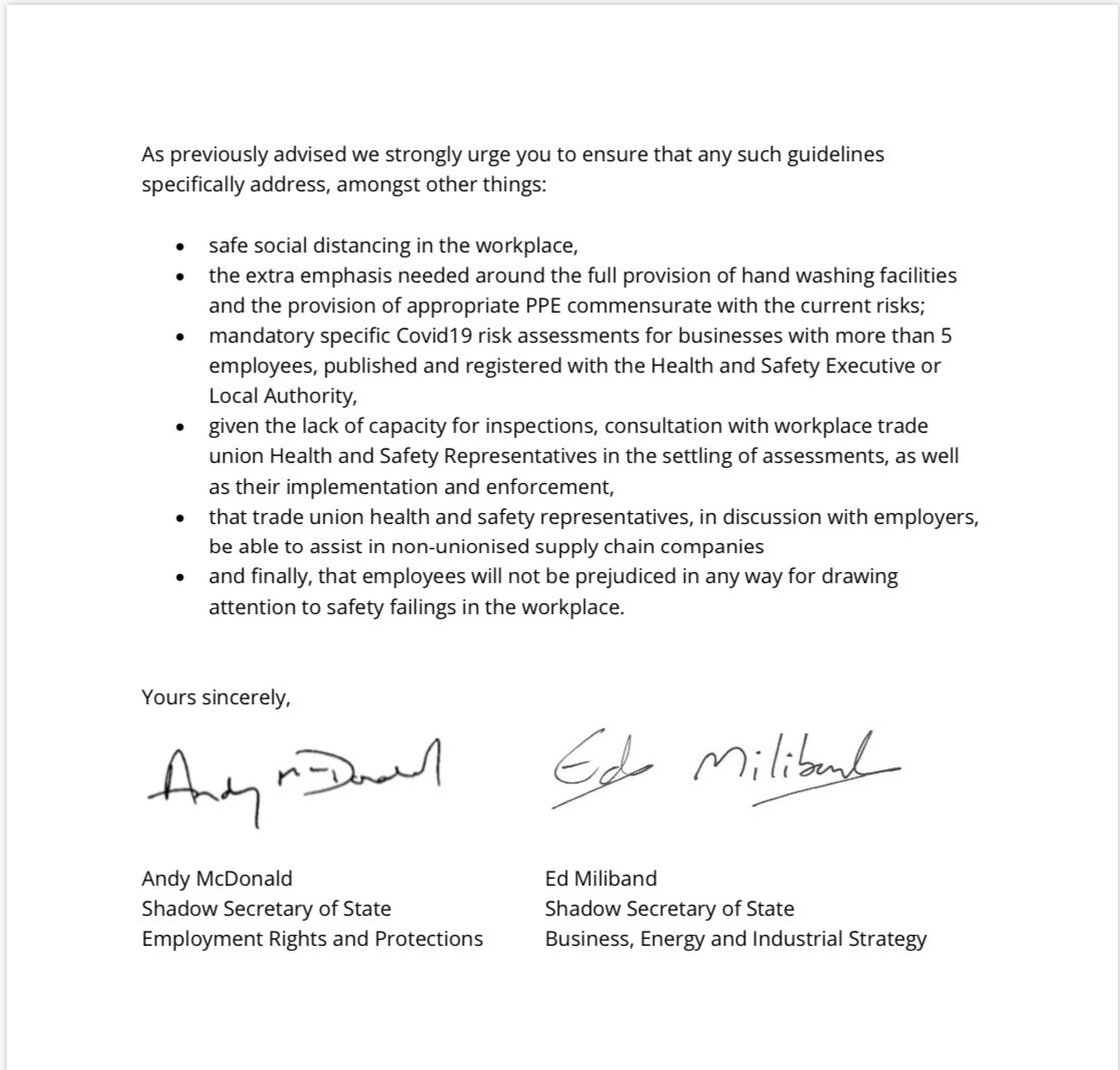 Ordering a return to work in manufacturing and construction with 12 hours notice and no official guidance on how workers can keep safe is irresponsible and wrong. My and <a href="/AndyMcDonaldMP/">Andy McDonald MP for Middlesbrough & Thornaby East</a> ‘s letter to Alok Sharma