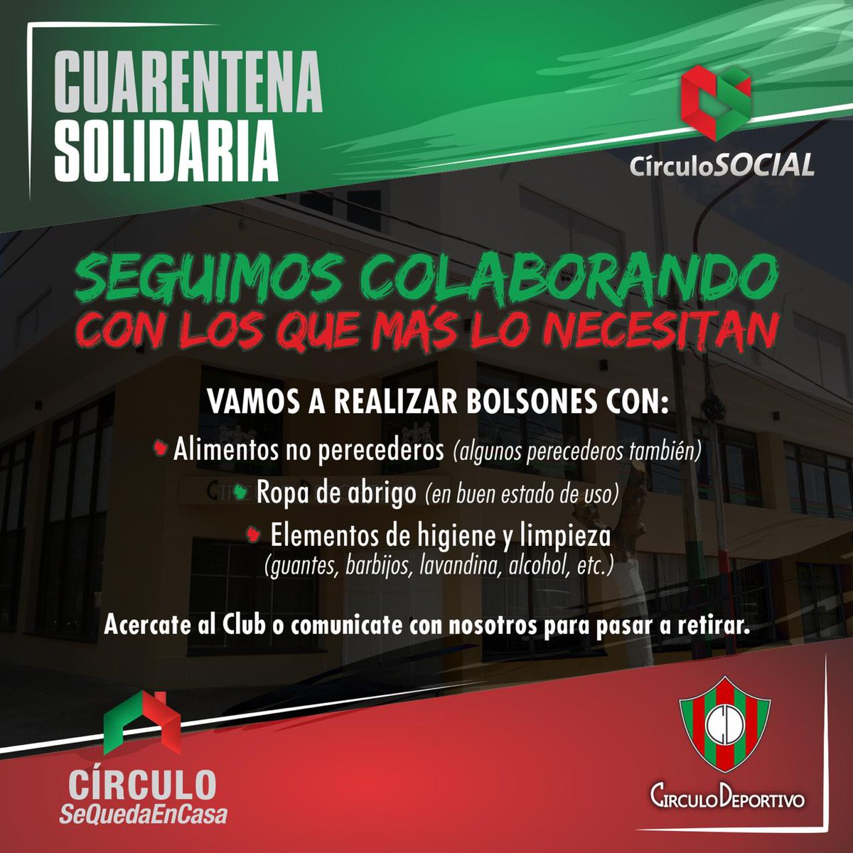 clubCirculo's tweet photo. #CirculoSocial No podemos jugar, pero nos ponemos la camiseta para ayudar. En equipo, todos juntos, le estiramos la mano a los que más lo necesitan. Desde adentro, con la ayuda de ustedes. ¿De qué se trata? Vamos a armar bolsones para repartir en Otamendi y el comedor de MdP. https://t.co/e7zOiAKBNt