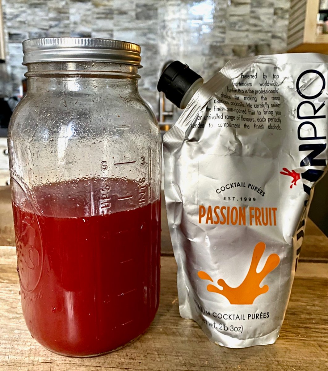 Now, you’ll need passion fruit purée, NOT syrup. The purée is quite tart. Add about ¼ as much purée as syrup, e.g. 8 oz of purée for 32 oz syrup.Stir. Refrigerate. If desired, add high proof alcohol to inhibit spoilage. Enjoy!