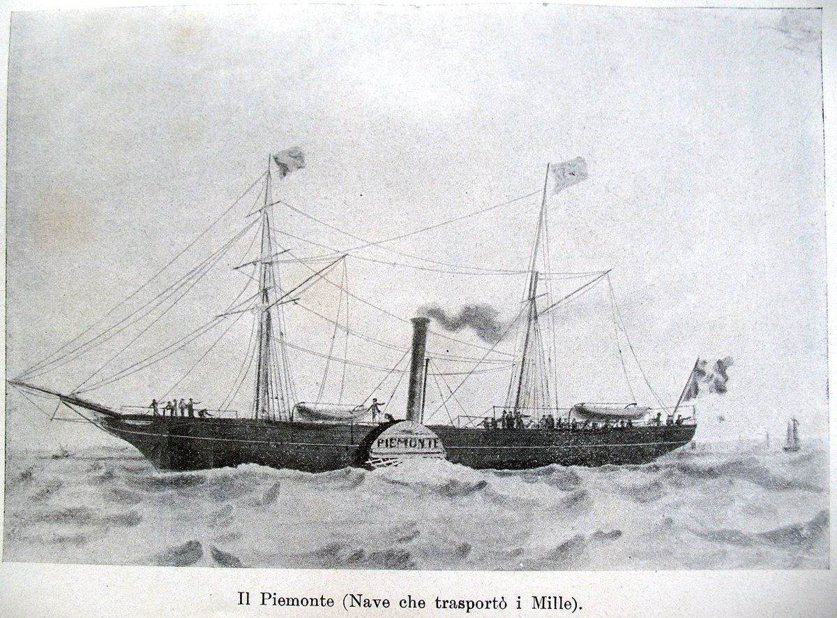 In order to escape detection Garibaldi, on board the 'Piemonte' (picture) , ordered silence and that all lights should be extinguished. The ship had been slowing at that point to allow the 'Lombardo', with Nino Bixio on board, to catch up after being left some way behind >> 41