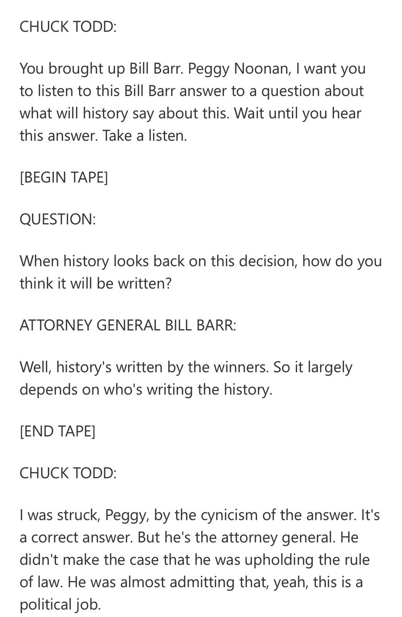 Very disappointed by the deceptive editing/commentary by  @ChuckTodd on  @MeetThePress on AG Barr’s CBS interview. Compare the two transcripts below. Not only did the AG make the case in the VERY answer Chuck says he didn’t, he also did so multiple times throughout the interview.