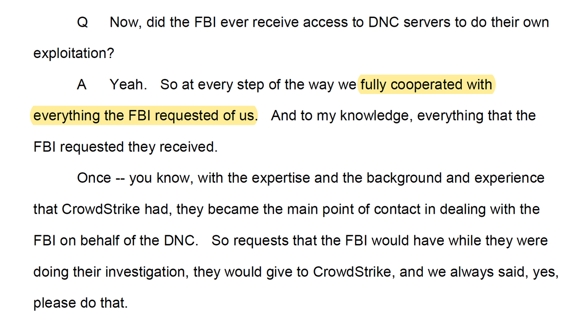 The fourth person to contradict James Comey's claim about access to DNC servers is Andrew Brown, the technology director at the DNC.Brown told Congress that the DNC "fully cooperated with everything the FBI requested of us."(pg 25)  https://intelligence.house.gov/UploadedFiles/AB3.pdf