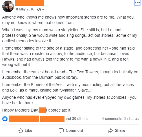 I don't hate my mother.There is so much good I got from her, but in particular my love of stories.This popped up on my memories recently, and it's still true. /