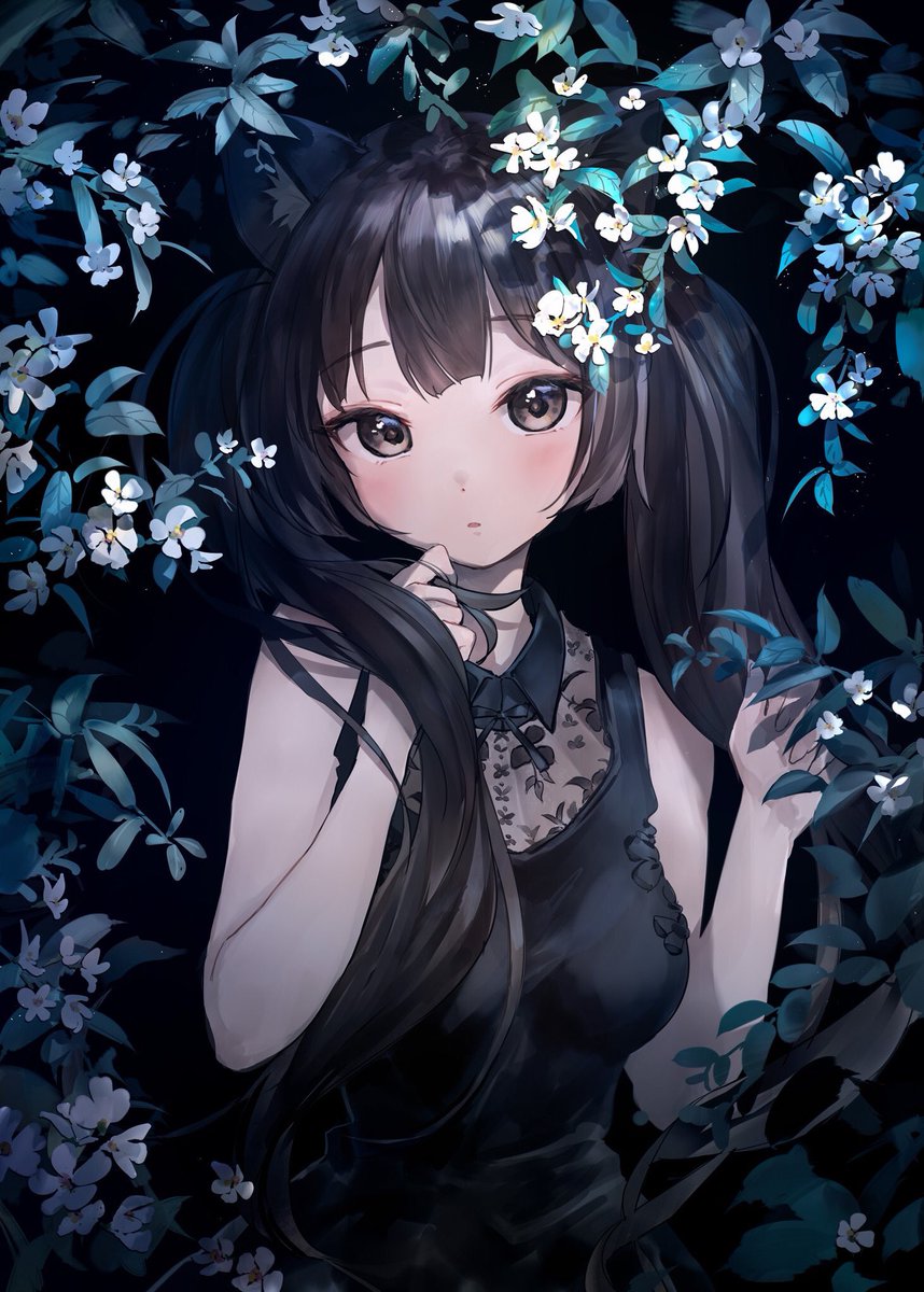 1girl solo animal ears black hair long hair flower cat ears  illustration images