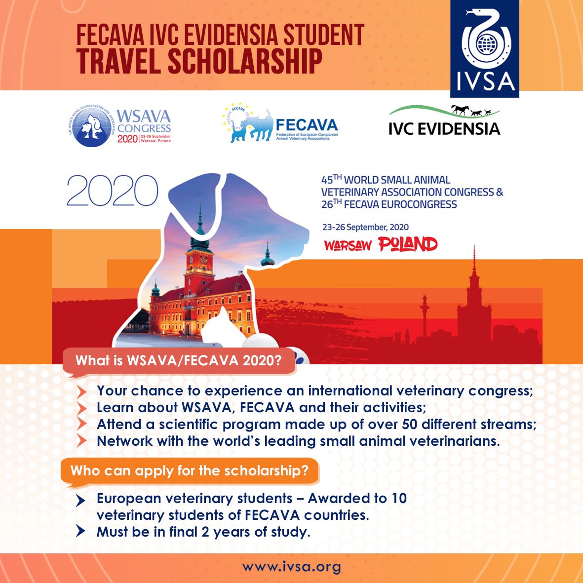 IVSA_GLOBAL's tweet photo. [Extended Deadline!! FECAVA IVC Evidensia Student Travel Scholarship 2020]

The deadline for application has been extended to 23rd of May, 2020. Check out the attached posters on how to apply!
#ivsa #fecava #wsava #scholarship #fecavaeurocongress2020 #ivsaopportunities #wsava2020 https://t.co/46ZlFupagB