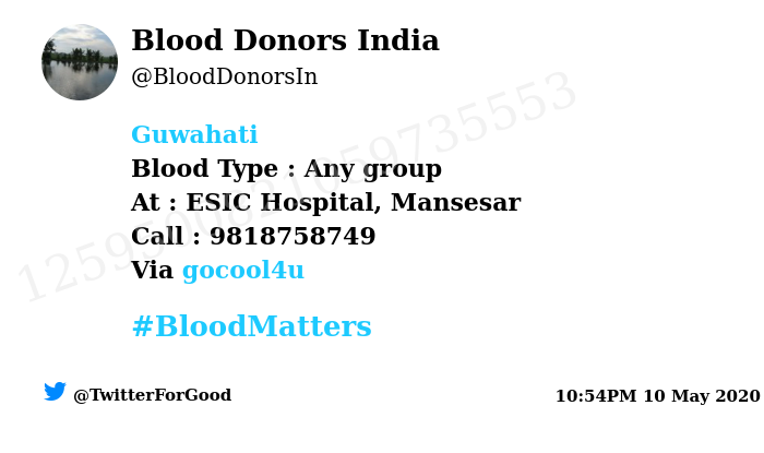 BloodDonorsIn's tweet image. #Guwahati 
Need #Blood Type :  Any group
At : ESIC Hospital, Mansesar
Number of Units : 03
Primary Number : 9818758749
Via: @gocool4u
#BloodMatters
Powered by Twitter