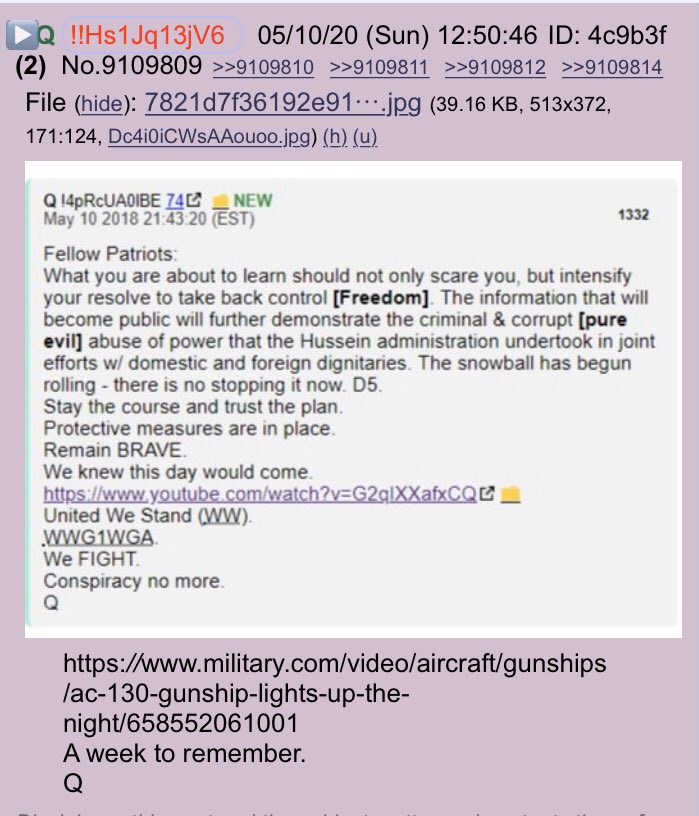 !!NEW Q - 4198!!12:50:46 EST Q posts Q 1332 from two years ago today and a military video gunships light up the night and says ‘A week to remember’!! https://www.military.com/video/air... class= !!NEW Q - 4198!!12:50:46 EST Q posts Q 1332 from two years ago today and a military video gunships light up the night and says ‘A week to remember’!! https://www.military.com/video/air... class=