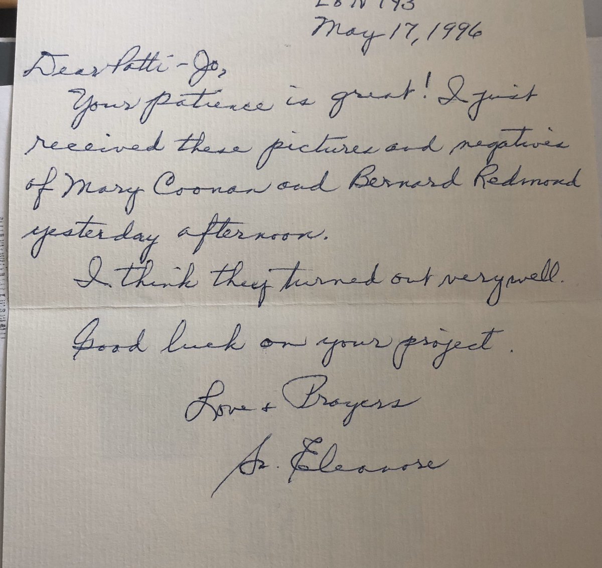 Sr. Eleanore “found”Mary Coonan + Bernard Redmond for me, through perseverance + letter writing to her cousins, one who was especially interested in family histories. She wrote many letters and I’m glad to have kept this one. I loved her very much. This is also her  #matriline 12/