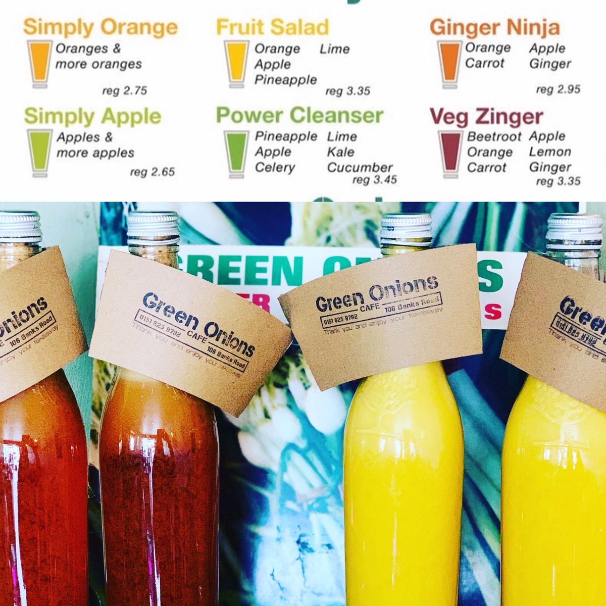 Green Onions Fresh Juices. £7 per litre. Available for Wirral delivery. PayPal &amp; BACS as payment. DM before 11pm for next day delivery.