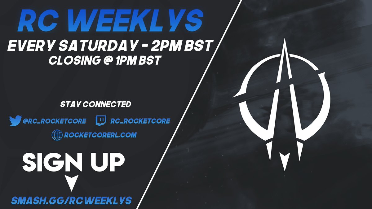 🔥 €100 Rocket Core Weekly's 🔥

For the 5th RC Weekly we are having the biggest prize pool yet of €100 thanks to @drtrox ! 🤙🔥

 Signup: smash.gg/rcweeklys
 Discord: invite.gg/rocketcore

▶️ 3v3 Single Elimination
🕑 Saturday 16/05 2pm BST
Registration ends @ 1pm BST