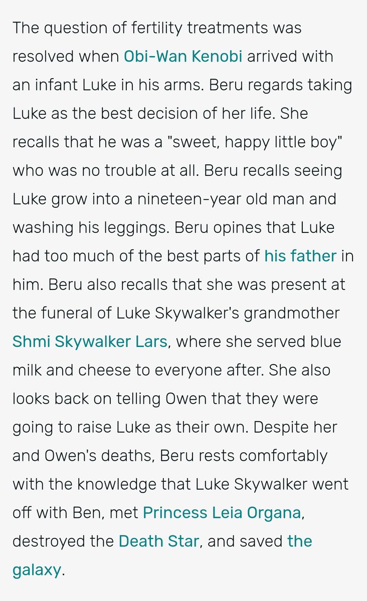 i don't wanna hear anyone say "aCtUaLLy, beru was luke's AUNT" cause yeah, no shit sherlock, but she adopted and raised luke just the same as breha did with leia. luke was beru's son in all but name.