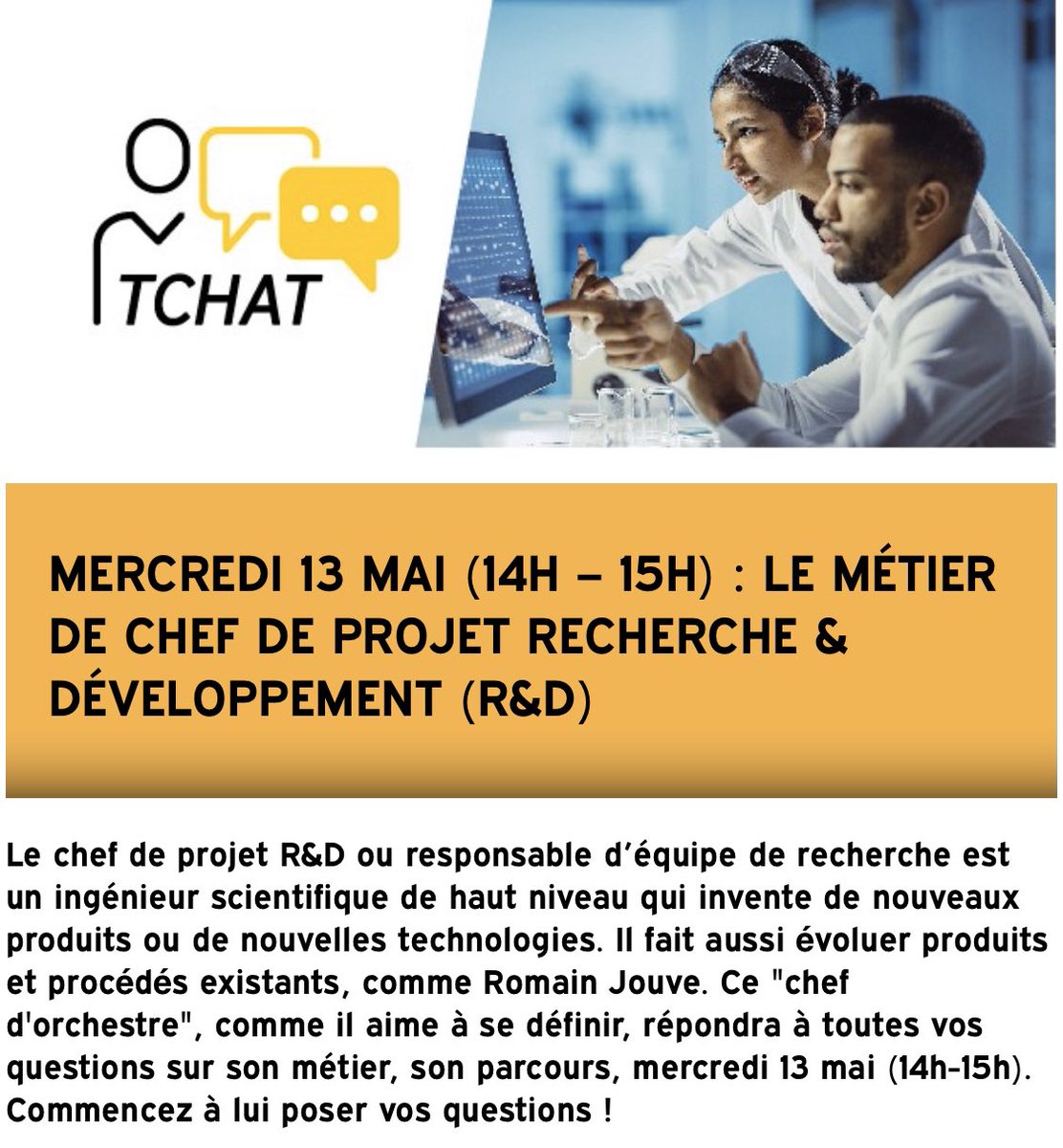 VieLyceenne's tweet photo. 🗓 Tous les mercredis, à 14h, rendez-vous sur le site https://t.co/AkK63bWKcz pour un échange avec un professionnel. Cette semaine, c’est Romain Jouve, chef de projet recherche et développement qui répond à vos questions que vous pouvez d’ores et déjà lui adresser.
#orientation https://t.co/l05QWr2sCT