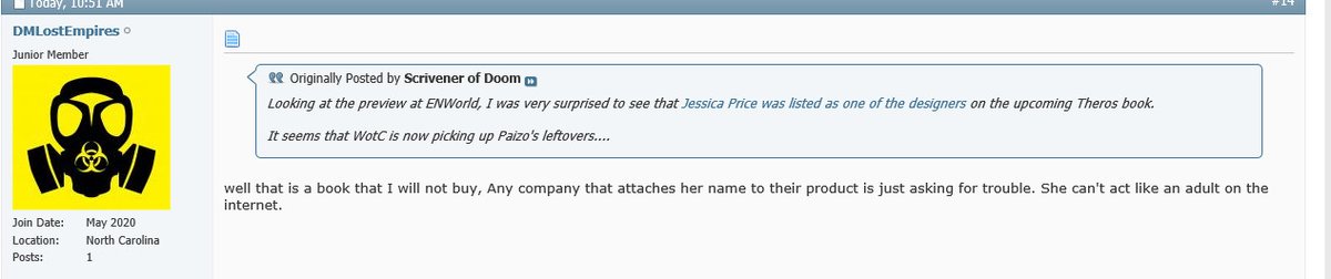 Of course Tarnowski's mob is up in arms that Jessica Price is actually working in the industry. Plus their big problem is that she evidently acts EXACTLY like they behave. Now that's hilarious right there.  #ttrpg