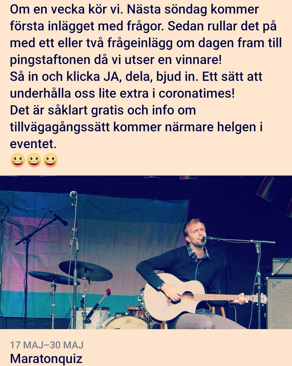 fredrikforslin's tweet photo. Jag är lite uttråkad i Coronatimes.
Så ett quiz i ett par veckor blir det på Facebook. Bilder, videoklipp tillsammans med blandade frågor en till två gånger om dagen. In på FB-eventet för att klicka ja och delta 🤠🕺😎 https://t.co/29Vxxep3YX https://t.co/uiD5j25zVw