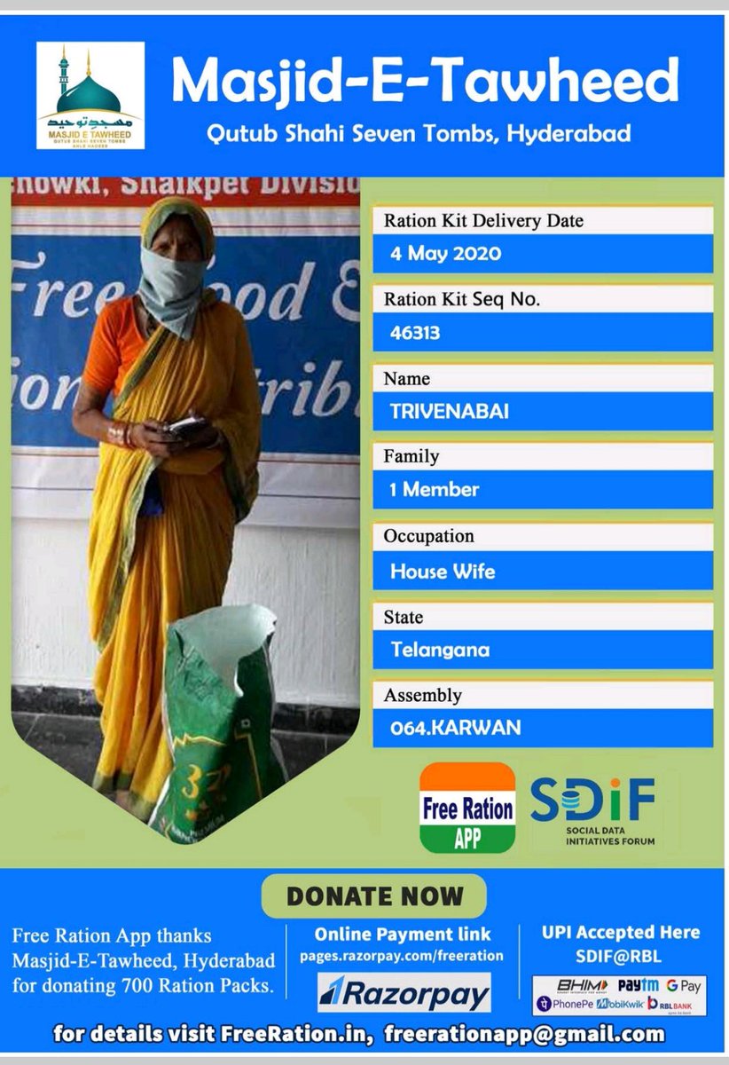 FreeRationApp's tweet photo. @FreeRationApp thanks @MasjidTawheedQS for donating 700+ Ration Packs to Daily wagers impacted by lockdown. The Kits were delivered to the beneficiaries verified and approved by Free Ration App Team. Beneficiary list include people of all religions. @KTRTRS @AhleHadeesIntl https://t.co/ELlHSOAL8C