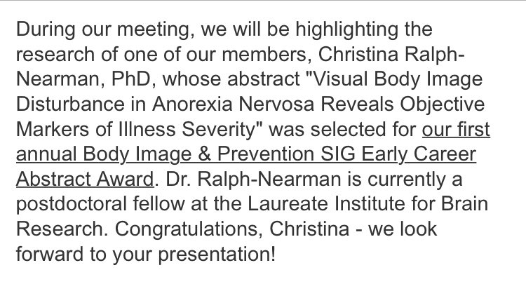 CRalphNearman's tweet photo. Thank you!! I am so honored to be awarded #BodyImage & #Prevention SIG’s 1st #EarlyCareerAbstractAward @aedweb #ICED2020 & share this new clinical research with our #Somatomap body image disturbance assessment there! I hope all can join in! @KhalsaLab @BDD_anorexia @armenarevian https://t.co/AtT2LI9PNs