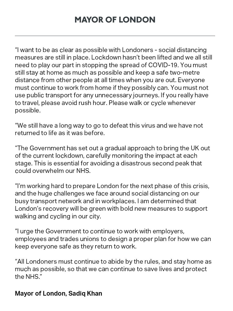 LONDON: I want to be as clear as possible: social distancing measures are still in place.

Lockdown hasn’t been lifted and we all still need to play our part in stopping the spread of #COVID19.

⬇️ My statement: