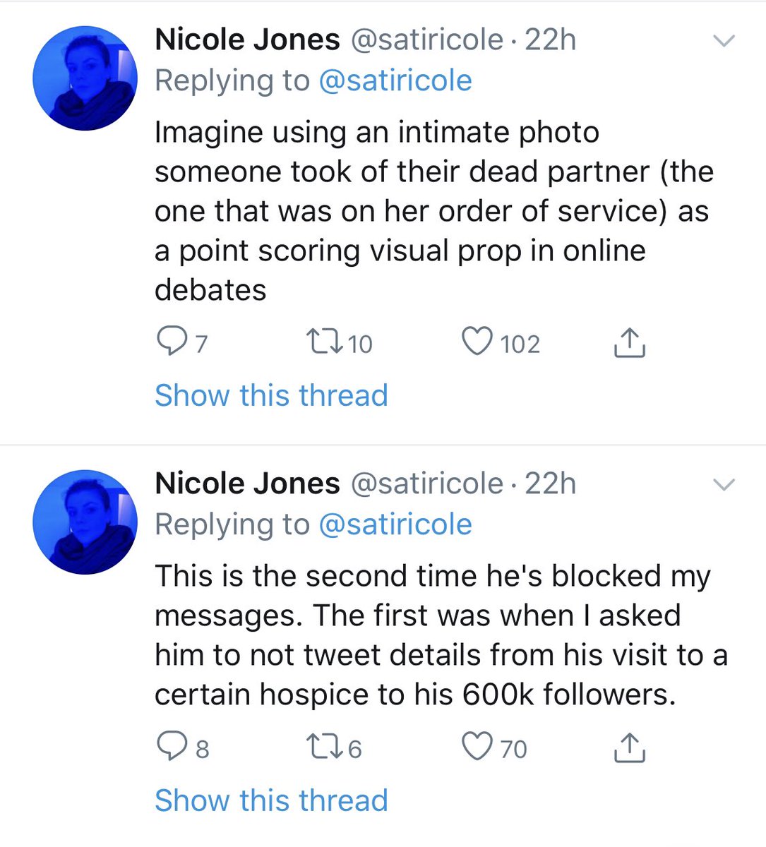 mimmymum's tweet photo. This is the tweets from the partner of Magdalen Burns (the anti-trans campaigner who died from cancer) talking about how she pleaded with @Glinner to not use Magdalen’s picture as a meme in his obsessive campaign against trans people.

He blocked her! 😳

FFS just unfollow him!! https://t.co/96WCJ06zvA