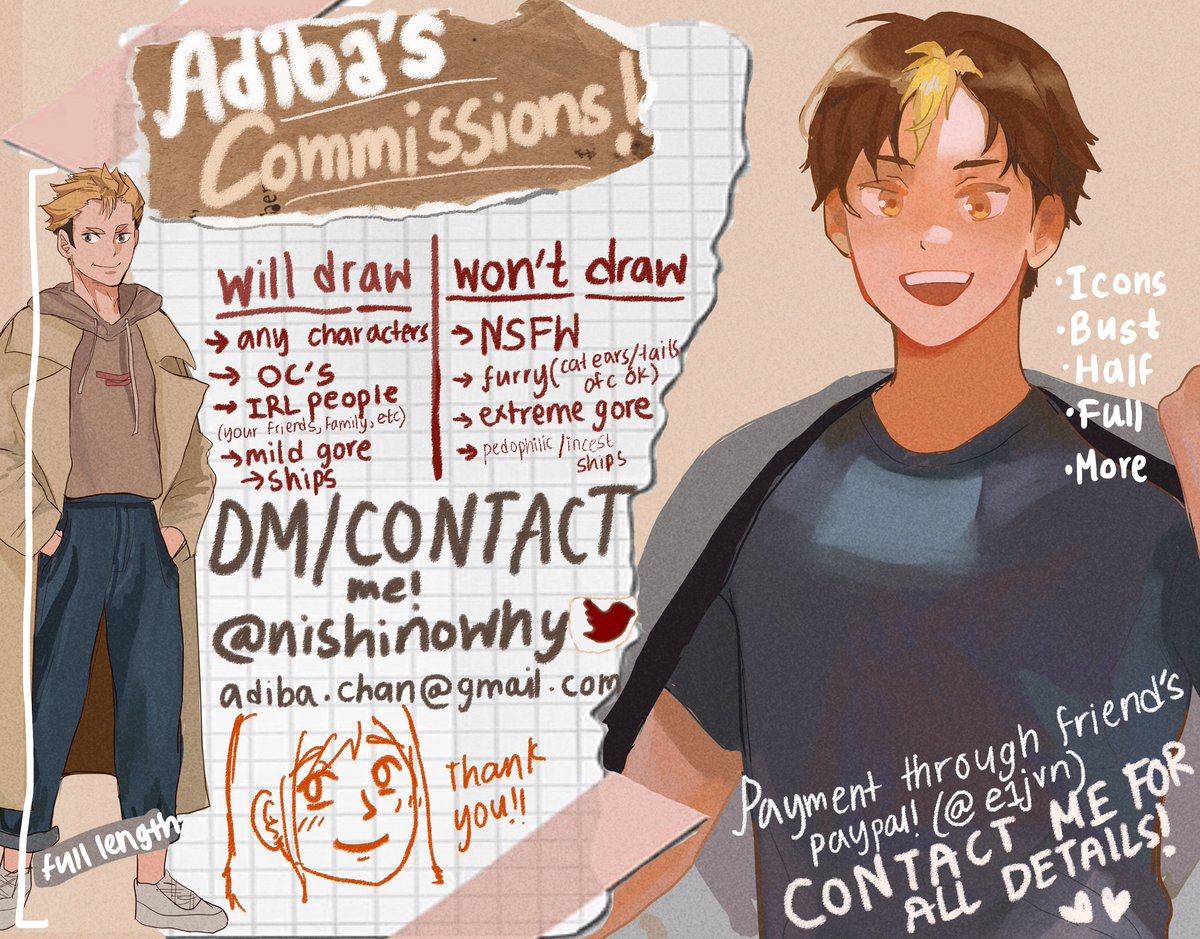 HI EVERYONE!! so i'm finally opening commissions! retweets will be very appreciated ?

most of the info and details are given below! message me here or email me adiba.chan@gmail.com to know more or to commission! payment will be via @e1jvn's paypal. 