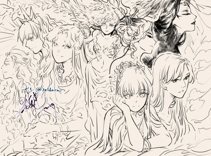 (Old sketches) Mothers from my #MYthcomic 

P2: Demeter &amp; Persephone
P3: Demeter
P4: Pleione &amp; Maia (mom of Hermes) 