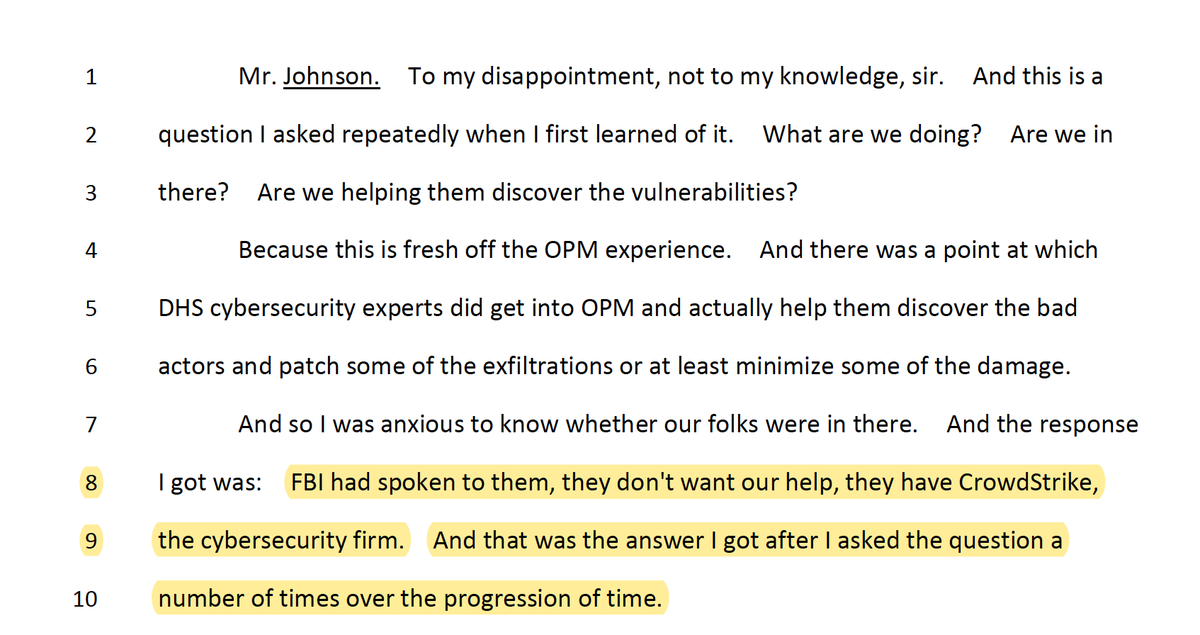 Jeh Johnson of DHS also claims he tried on several occasions to get access to the DNC premises to investigate the hack, only to be denied.(pg 28)  https://www.justsecurity.org/wp-content/uploads/2019/08/Russia-Investigative-Task-Force-Hearing-with-Former-Secretary-of-Homeland-Security-Jeh-Johnson.pdf