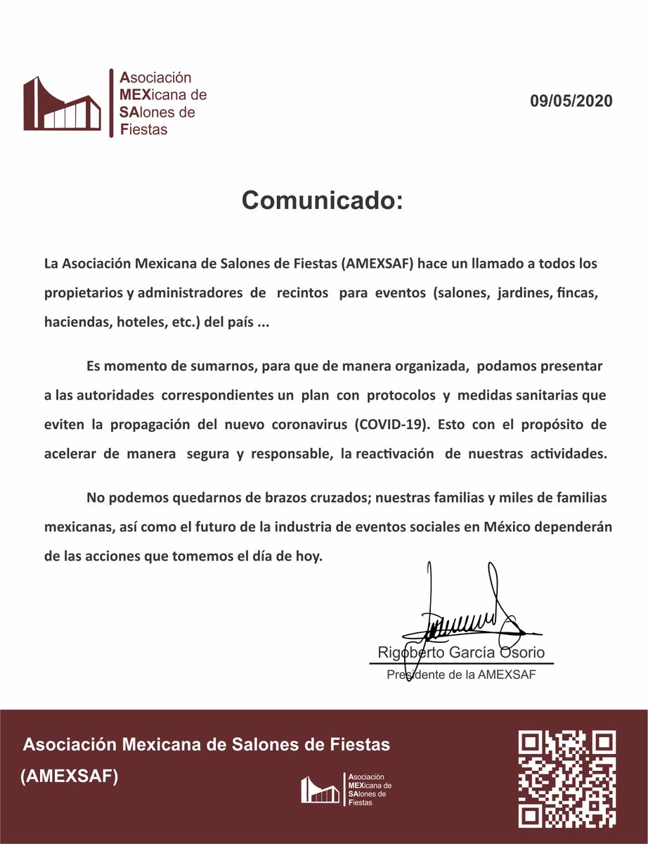 AMEXSAF's tweet photo. Los salones de fiestas y la industria de eventos sociales fuimos los primeros en cerrar y seremos los últimos en reabrir.
Es momento de unirnos.
https://t.co/2LL4afQNGn https://t.co/fspcP8PF1M