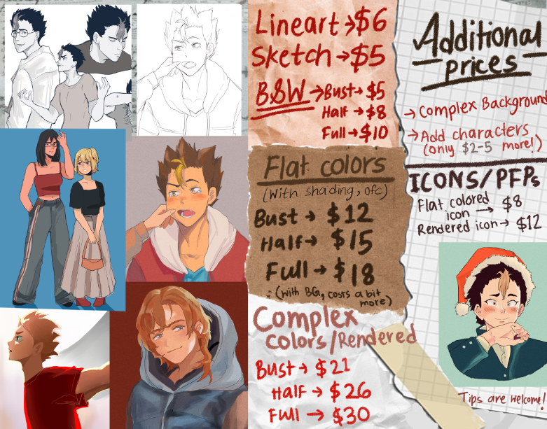 HI EVERYONE!! so i'm finally opening commissions! retweets will be very appreciated ?

most of the info and details are given below! message me here or email me adiba.chan@gmail.com to know more or to commission! payment will be via @e1jvn's paypal. 