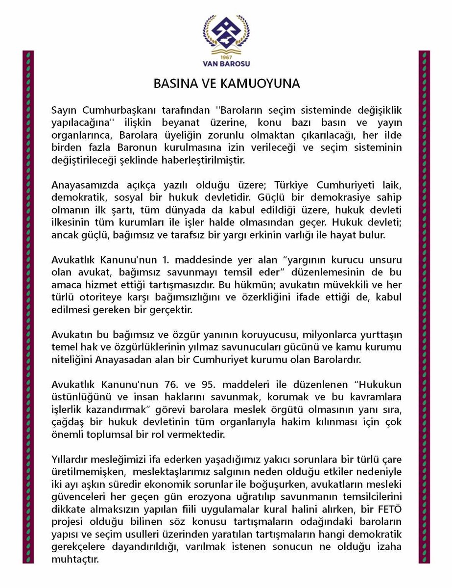 VanBaroIHM's tweet photo. #SavunmaÖzgürlüktür
50 Baro Başkanından baroların yapısının değiştirilmek suretiyle savunmanın etkisiz hale getirilmek istenmesine karşı basın açıklaması: https://t.co/ObKMk9zwNF